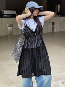 DAZY Đầm suông hở vai cổ chữ V phối ren lưới mùa hè đa năng Đầm suông trong suốt - màu đen - Xem 5