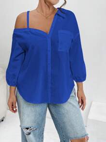 SHEIN Essnce Camisas casuales elegantes de mujer talla grande de nuevo estilo con diseño asimétrico de hombros descubiertos y mangas medias a rayas para uso casual, trabajo o para maestras