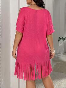 SHEIN VCAY Damen Große Größen Boho Sommer Kleid mit Slogan Aufdruck, V-Ausschnitt und Fransensaum für Strand Urlaub