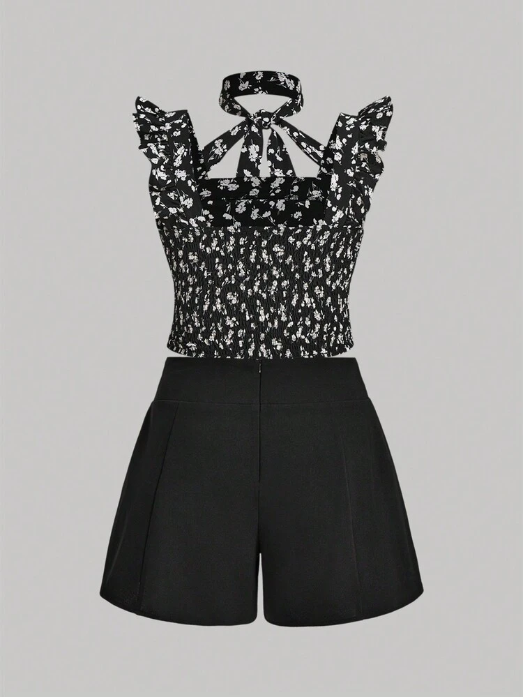 Plus Size Women Summer Floral Print Halterneck Tie Front Flutter Sleeve Top And Shorts Set