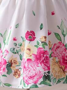 SHEIN Young Girl Floral Jacquard Bubble Sleeve Back Hollow Out Large Bowknot Decor Dress - Multicolor - View 7