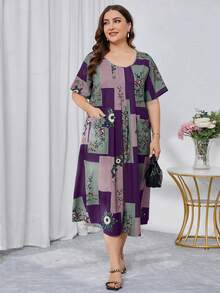 EMERY ROSE Đầm cổ tròn cỡ lớn in hình dáng rộng tay ngắn thường ngày để mặc hàng ngày vào mùa xuân và mùa hè - Nhiều màu - Xem 3