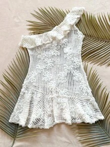 Soleia 女式假日沙灘白色單肩荷葉領3d花紋連衣裙 - 白色 - 查看 3