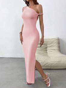 Firerie Women's Watercolor Floral Print Slim Fit Knit Ruched Dress With Asymmetrical Shoulder Straps, Side Slit, In Blue & Pink, Suitable For Elegant And Casual Occasions Or Holidays Long Bodycon Dress - Pink - View 1