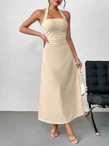 SHEIN Privé Đầm cổ chữ A xếp nếp màu hoa mai nhẹ, thanh lịch và thích hợp để mặc hàng ngày hoặc hẹn hò - Màu be - Xem 6