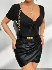 SHEIN Privé 女性浪漫針織夏季短袖T恤，前扣環設計 - 黑色 - 查看 6