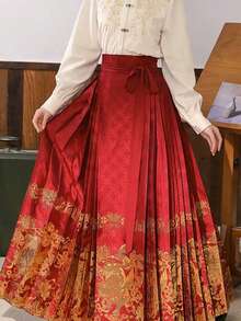Elegant Red Hanfu Bottoms With Golden Embroidery Folk Style Long Polyester Skirt For Women
