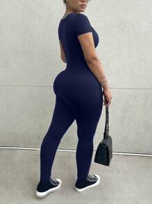 INAWLY Solva Zipper Half Placket Short Sleeve Elastic Fashion Summer Bodycon Jumpsuit Unitard - Blue - View 2
