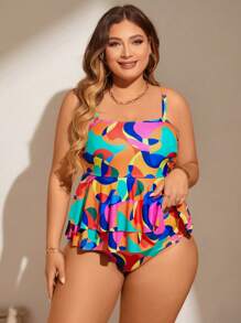 SHEIN Swim Curve Summer Beach Plus Size Color Block Spaghetti Strap Ruffle Hem Sleeveless Tankini - Multicolor - View 5