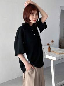 FRIFUL 女士純色休閒下垂肩譫肩短袖套衫，撞色領短袖T恤，春夏季 - 黑色 - 查看 4