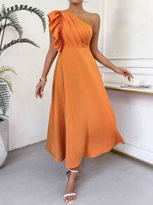 Chiquease Women's Solid Color Asymmetric Neckline Dress, Suitable For Summer - Orange - View 7