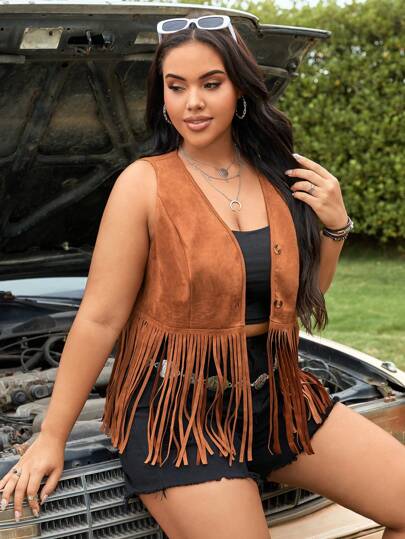 SHEIN EZwear Plus Size Women's Summer Western Rural Vacation Music Festival Vintage Brown Fringed Sleeveless Jacket In Suede