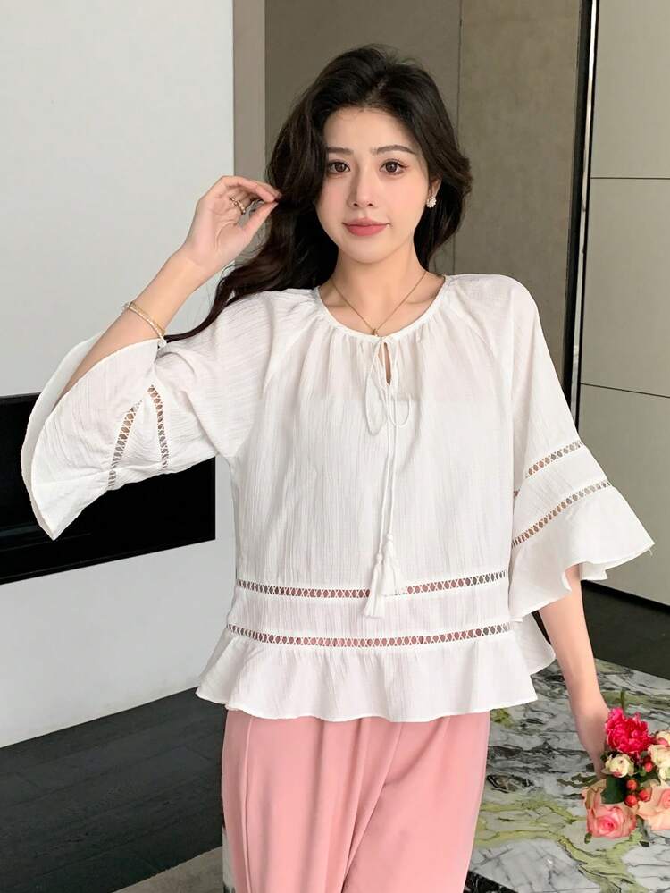 Ladies" Hollow Out Design Solid Color Shirt With A Sense Of Design,Ruffle