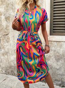 SHEIN Clasi Women Summer Marble Print Batwing Short Sleeve Casual Dress Maxi Women Outfit