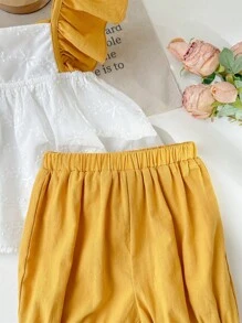 SHEIN Young Girl Weaving Color Contrasting Ruffle Trim Square Neck Loose Casual Shirt With Weaving Solid Color Shorts 2-Piece Set