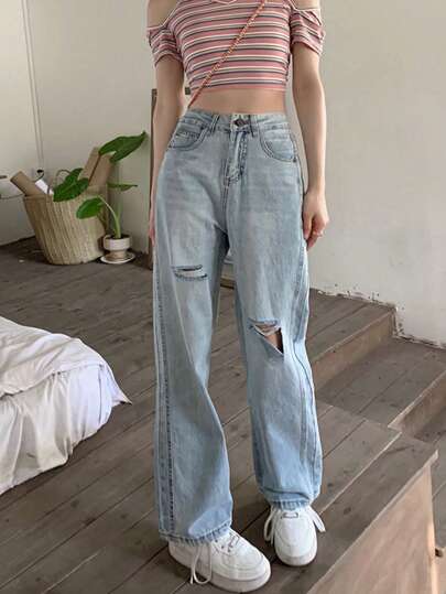 女式高腰口袋做旧宽松直筒牛仔裤