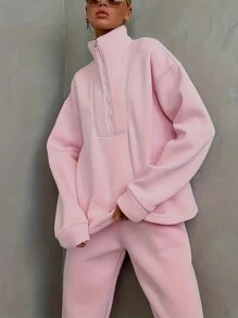 SHEIN EZwear 半拉鏈落肩袖衛衣和衛褲 - 粉色 - 查看 6
