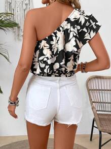 SHEIN VCAY Women's Floral Printed Shoulder Top - Black - View 2