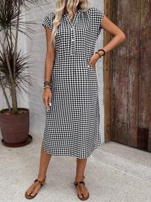 EMERY ROSE Women Loose Short Sleeve Plaid V-Neck Shirt Dress Summer Dress