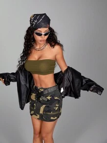 SHEIN EZwear 2024 Summer Casual Y2K Streetwear Workwear Denim Effect Camouflage Tight-Fitting Hip Skirt - Army Green - View 6