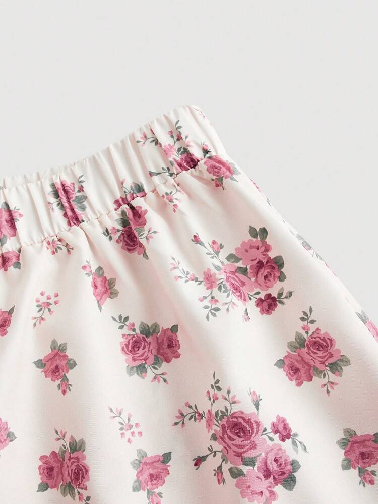 Plus Size Pink Flower Print Cami Top And Skirt Summer Vacation Two Pieces Set