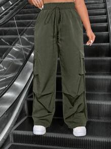 Flirla Plus Size Solid Color Cargo Pants With Drawstring Design
