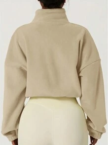 INAWLY Women's Solid Color Drop Shoulder Drawstring Hem Zip Up Cropped Sweatshirt,Long Sleeve Tops Graduation,Back To School,Graduation,Teacher For Women,Back To School Fall Sweatshirt - Khaki - View 2