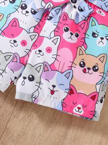 Sparklyn Tween Girl 2pcs/Set Cute Cartoon Cat Print Sleeveless Round Neck Top And All-Over Print Shorts - Hot Pink - View 5