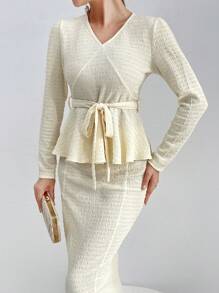 Modelyn Mujeres elegantes y encantadoras camisa de manga larga con cuello en V ajustada y falda con abertura lateral para la primavera y el verano