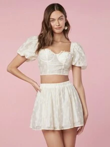 Enchnt Women Fashionable Short Puff Sleeve Top And Skirt Summer Two-Piece Outfits Set, For Music Festival