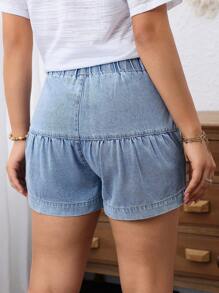 SHEIN LUNE Quần short denim nữ có nút phía trước và túi - Màu xanh lam - Xem 2