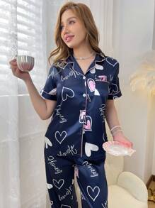 Contrasting Edge Heart Print Short Sleeve Shirt And Pants Pajama Set - Multicolor - View 4