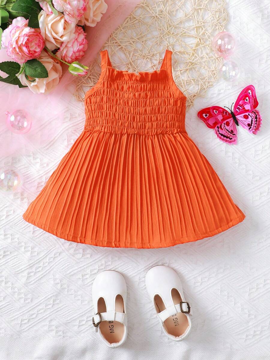 Baby Girl Solid Color Shirred Bodice Frill Trim Slip Dress