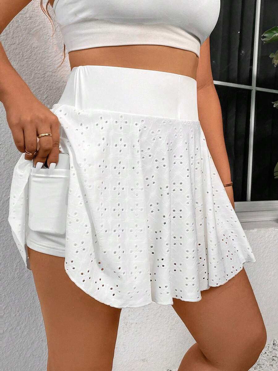 SHEIN Privé Falda pantalón blanca talla grande con textura, corte en A, bolsillos y diseño calado, elegante y casual - Blanco - Ver 1