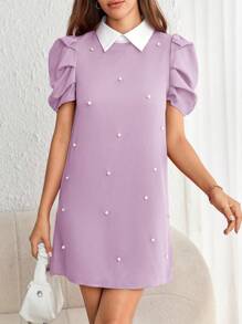 SHEIN Privé Women Solid Color Simple And Minimalist Daily Dress With Pleated Design,Lavender Dress - Mauve Purple - View 4