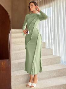 Aloruh Đầm nữ mùa xuân/hè cổ đứng tay chuông phối bèo nhún dáng đuôi cá thanh lịch, màu xanh lá cây nhạt. - Màu xanh Bạc hà - Xem 4