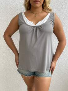 Calvaya Plus Size Summer Casual Color Block Pleated Loose Basic Tank Top