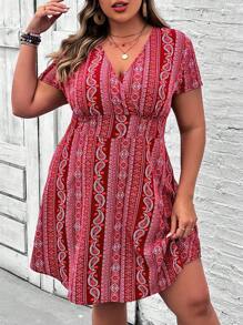 SHEIN VCAY Plus Size Váy nghỉ mát cổ chữ V in họa tiết cổ điển - Đỏ - Xem 1