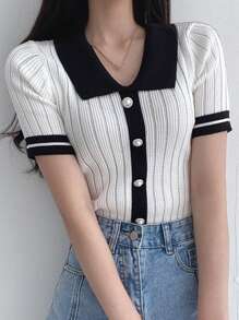 DAZY Áo thun dệt kim cổ polo tay ngắn màu tương phản cho nữ, thường ngày công sở, thu hè - trắng - Xem 1