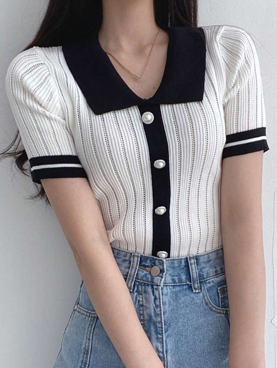 DAZY Áo thun dệt kim cổ polo tay ngắn màu tương phản cho nữ, thường ngày công sở, thu hè - trắng - Xem 1