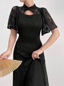 Modelyn 女士旗袍领荷叶袖纯色优雅宴会配套礼服长款女士服装长款晚礼服 - 黑色 - 查看 6