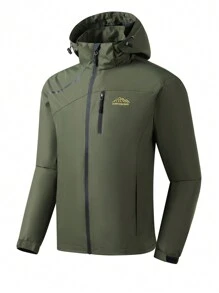 Manfinity Homme Men Mountain Embroidery Zipper Casual Fashion Hooded Jacket With Drawstring - Army Green - View 3