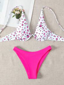 Swim Mod Phụ Nữ Đi Biển Mùa Hè In Hoa Dây Cổ Bikini Trên Và Dưới Bộ Bikini Tắm - Màu Hồng Tươi - Xem 5