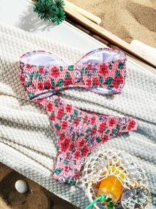 SHEIN Swim Random Floral Print Shirred Bikini Set Wireless,Summer Beach - Multicolor - View 2