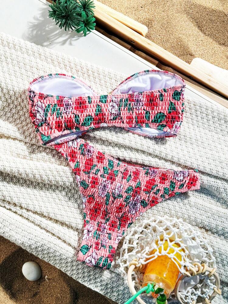 Random Floral Print Shirred Bikini Set Wireless,Summer Beach