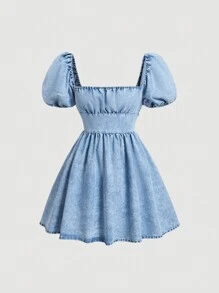 SHEIN MOD MOD Trang Phục Ngày Của Mẹ Thường Ngày Mùa Hè Váy Jeans Váy Jeans Váy Jeans Váy Denim Phong Cách Thập Niên 70 Quần Áo Phụ Nữ Váy Jean Retro Với Tay Áo Phồng Dài Trà, Xanh Mini - Rửa nhẹ - Xem 1
