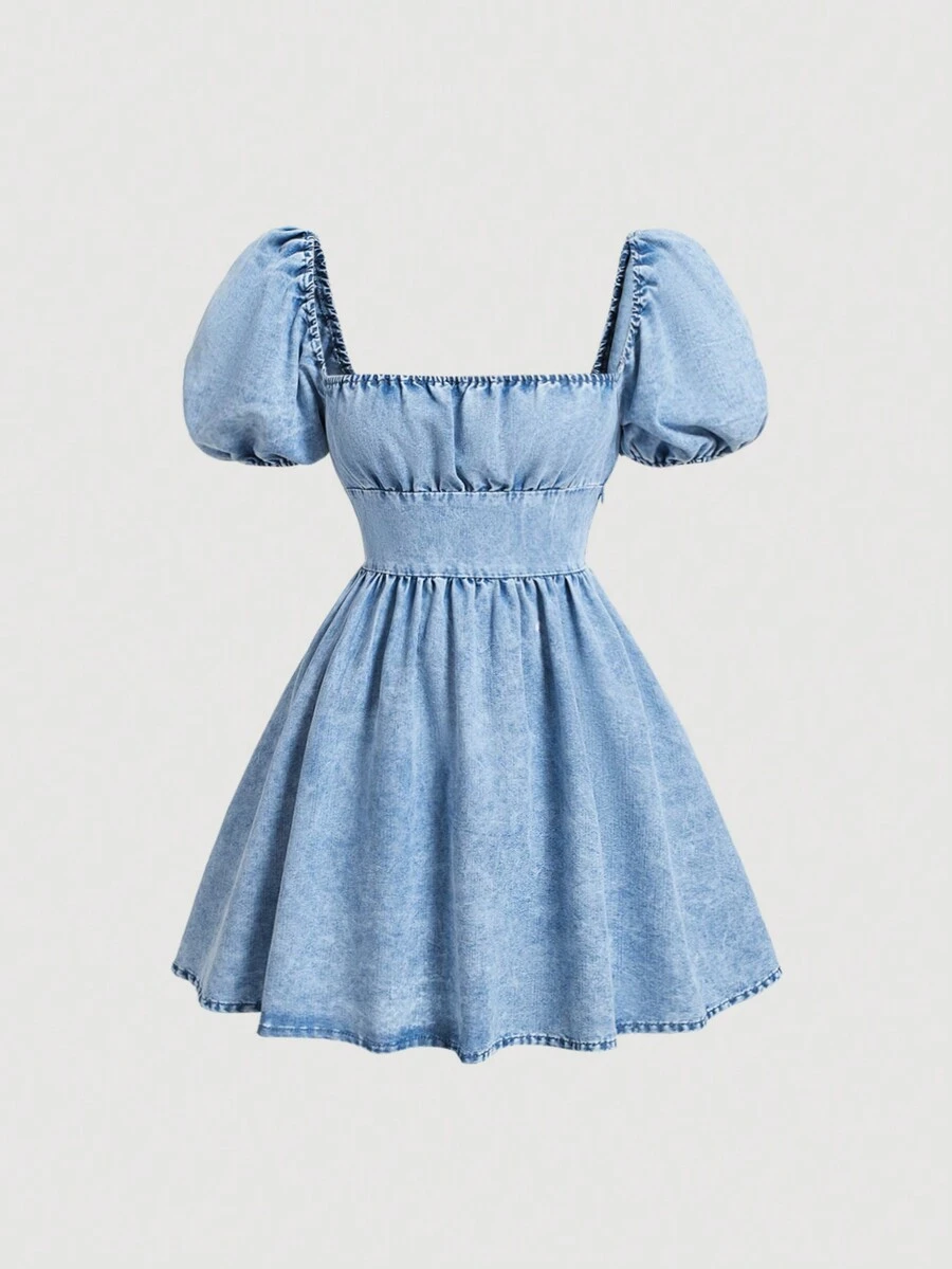 SHEIN MOD MOD Trang Phục Ngày Của Mẹ Thường Ngày Mùa Hè Váy Jeans Váy Jeans Váy Jeans Váy Denim Phong Cách Thập Niên 70 Quần Áo Phụ Nữ Váy Jean Retro Với Tay Áo Phồng Dài Trà, Xanh Mini - Rửa nhẹ - Xem 1