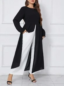 EMERY ROSE 大尺碼圓領純色休閒長款上衣和褲子套裝 - 黑與白 - 查看 5