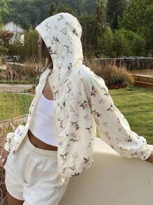 Livesso Floral Print Zipper Hooded Jacket With Drawstring Summer - White - View 1