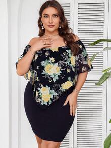 SHEIN Clasi 加大碼花卉印花露肩連身裙 - 藏蓝色 - 查看 5